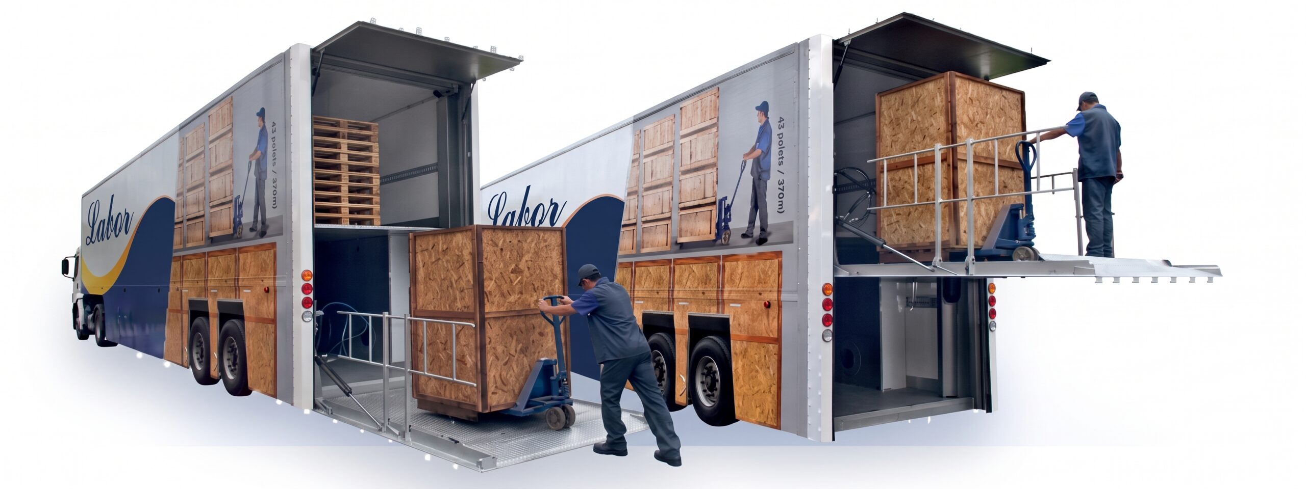 Double Deck Labor em operação: carregamento traseiro com plataforma hidráulica e acesso lateral aos dois níveis de carga